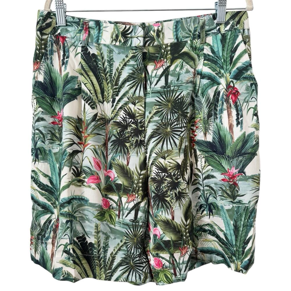 NWT J. McLaughlin Tropical Palms Floral Bermuda Shorts Pleated Green Size 12